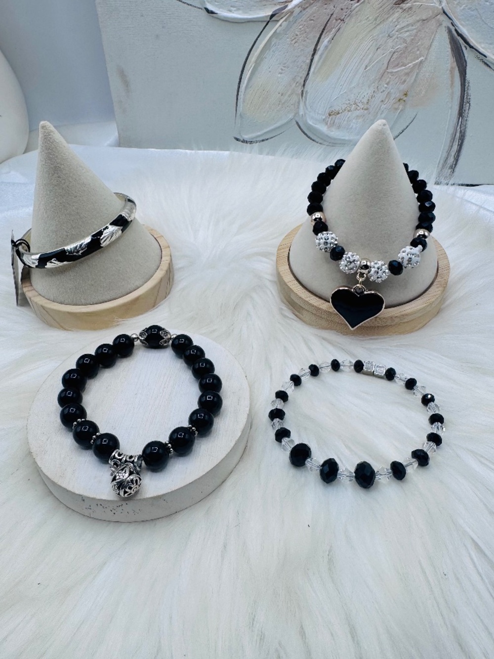 Black & Silver Bracelet Bundle – 4 Piece Mixed Beaded, Heart Charm & Bangle Set